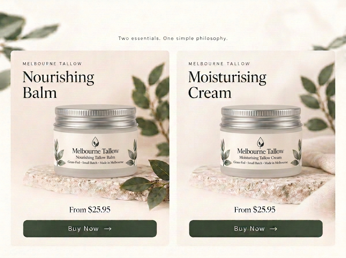 Melbourne Tallow range — Nourishing Balm and Moisturising Cream, two small-batch skincare essentials on stone pedestals with botanical accents.