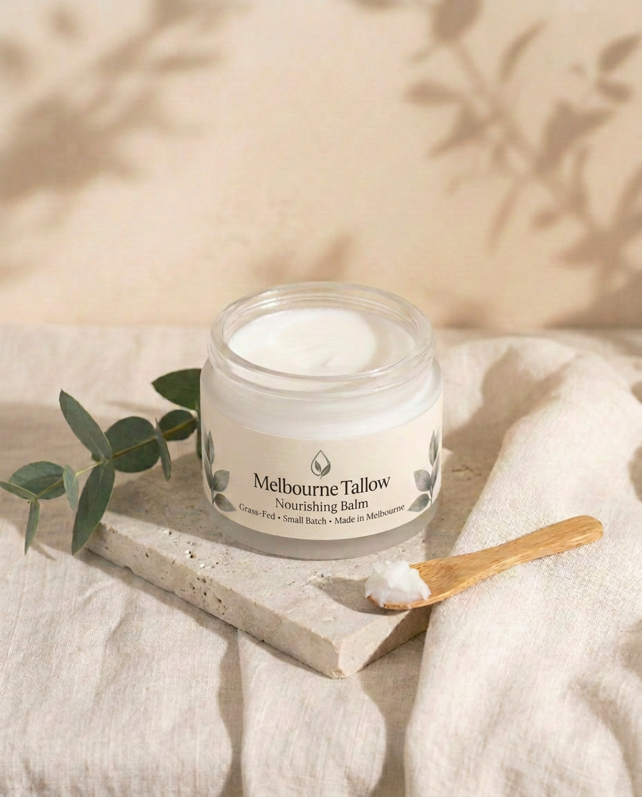Melbourne Tallow Nourishing Balm on limestone with ivory linen and eucalyptus