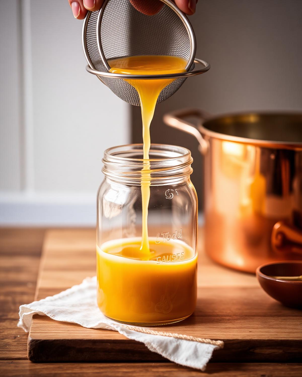 Filtering rendered tallow through fine mesh into a glass jar